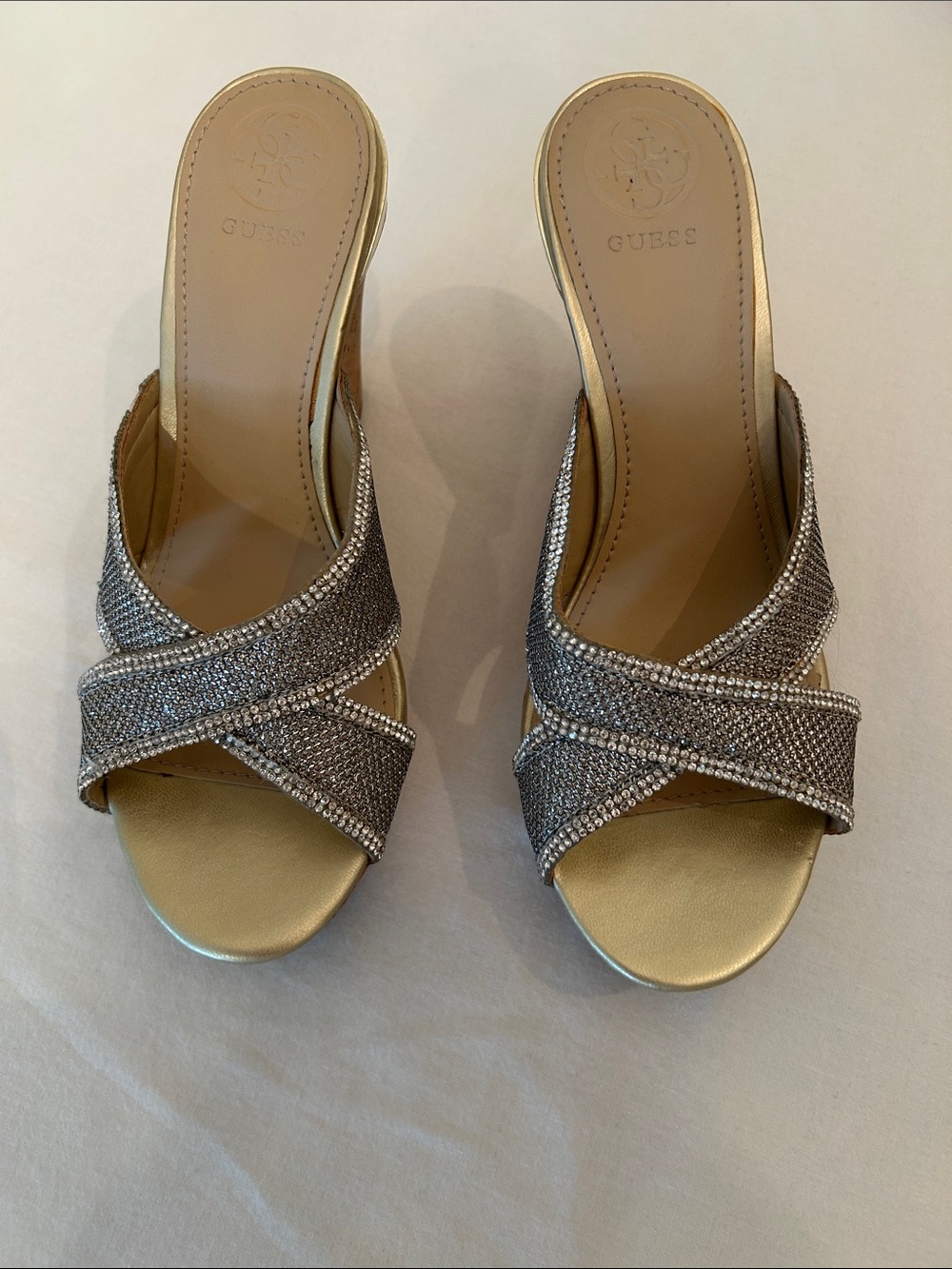 GUESS Metallic Crystal Crisscross Slide Mules - Gold and Silver